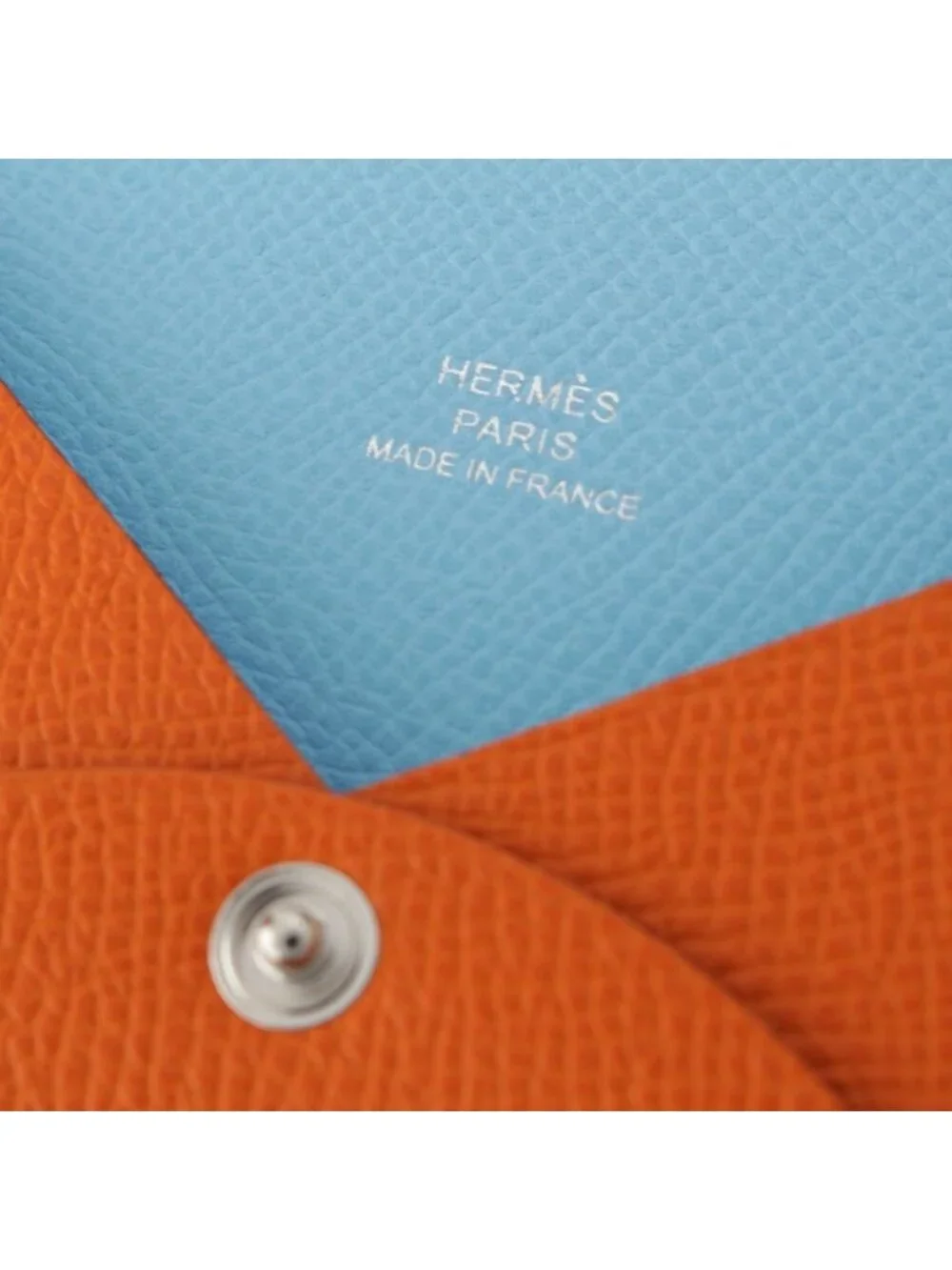 Hermes Calvi Verso Epsom Button Type Card Case Orange Celeste Bicolor